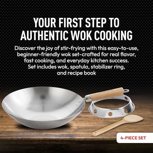 Helen's Asian Kitchen Carbon Steel 4-Piece Wok Set, 12-Inch Round Bottom Wok