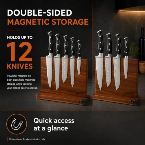 Magnetic Knife Block, Acacia Wood Magnetic Knife Holder for Kitchen Counter Universal Knife Block Without Knives (12 x 10 With Sharpener)