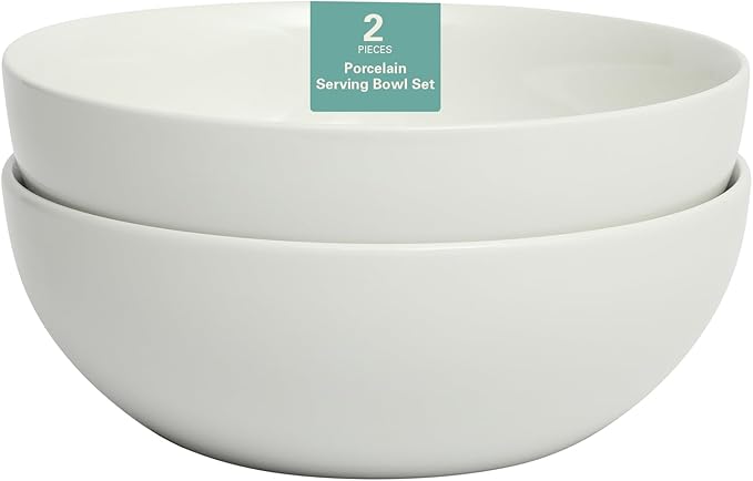 Gibson Home Great Essentials White Serving Bowls 2 Pack 100 OZ 10" Large Deep Ceramic Salad Bowl Set for Kitchen - Porcelain - Dishwasher and Microwave Safe
