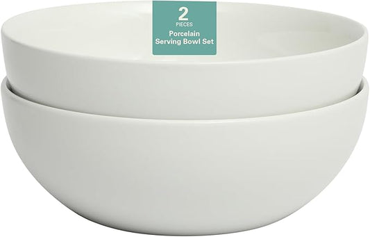 Gibson Home Great Essentials White Serving Bowls 2 Pack 100 OZ 10" Large Deep Ceramic Salad Bowl Set for Kitchen - Porcelain - Dishwasher and Microwave Safe