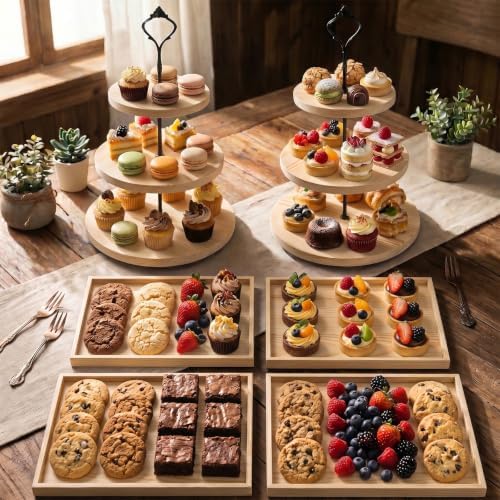 6pcs Wooden Dessert Table Display Set, 3 Tier Cupcake Stand Set with Serving Trays, Rustic Dessert Display Stand, Cake Stand Set for Wedding Dessert Table, Birthday, Baby Shower, Party Food Display, Home Decor