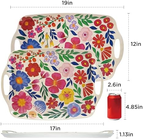 TP Melamine Serving Trays with Handles, 17” x 12”, Set of 2, Floral