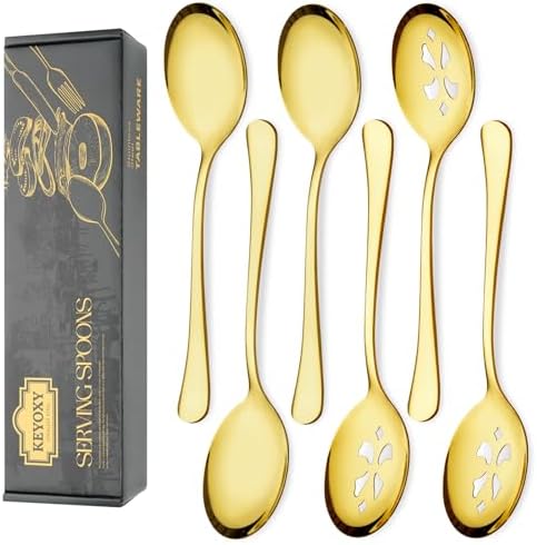10-Inch 6 Piece Serving Spoon Set - 3 Large, 3 Slotted,Gold
