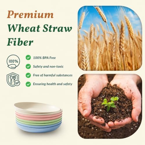 Homienly Deep Dinner Plates Set of 8 Unbreakable Wheat Straw Plates Plastic Reusable Plates for Kitchen, Picnic, RV, Dishwasher and Microwave Safe Plates for Salad, Dessert (Fresh Light, 9 inch)