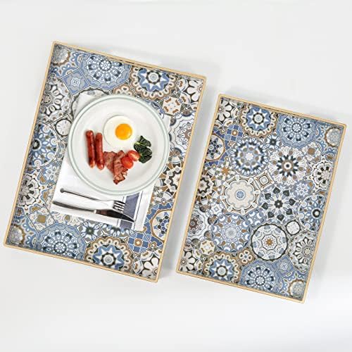 AGIOTA 2 Pcs Serving Tray with Handles Bohemian Decorative Tray Large Ottoman Trays for Living Room Blue Coffee Table Trays for Breakfast
