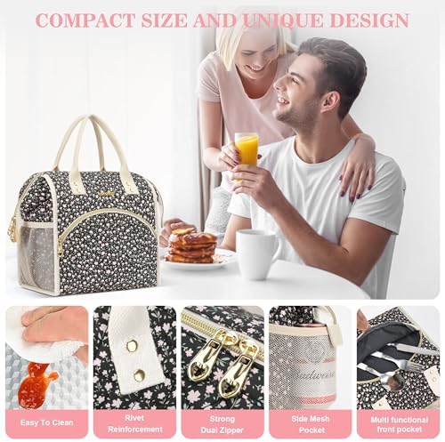 LOKASS Insulated Lunch Bag Women- Reusable 10 L Lunch Box for Women - Leakproof Tote Cooler Bag for Adults Work, Beach, Travel, Picnic （Black Small Florals）