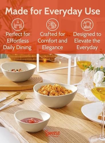 Sweese Porcelain Bowl Set - Serving, Prep, Salad, Dishwasher Microwave Safe, 10/18/28/42 oz, White Grey