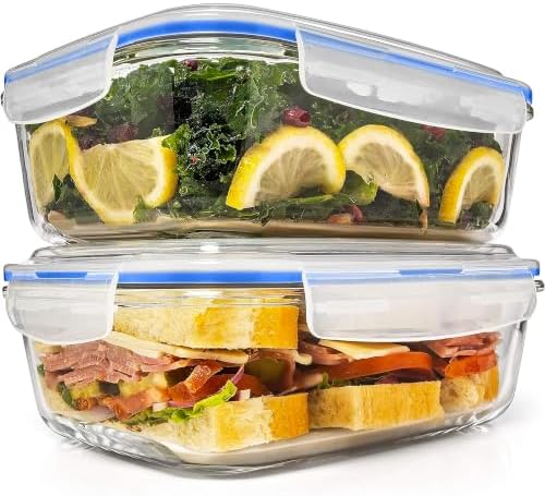 Razab 6.5 Cups / 52 Oz 4 Piece (2 Containers + 2 Lids) Glass Food Storage Containers Set with Airtight Locking Lids - For Storing, Baking & Serving BPA Free, Leakproof - Microwave, Freezer & Oven Safe