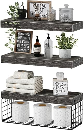 QEEIG Bathroom Shelves Over Toilet Wall Mounted (Grey, Set of 3, 15.7")