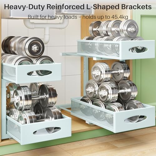2 Pack Under Sink Organizer, 2 Tier Pull out Cabinet Organizer Mesh Baskets with 5 Adjustable Heights, Sliding Drawers Storage Shelf for Home, Kitchen, Bathroom, Pantry, Office, Countertop ,Blue