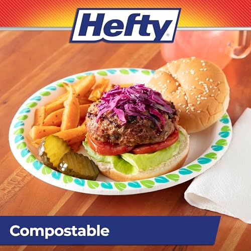Hefty Compostable Paper Plates, 8.6 Inch, 30 Count, Patterned Disposable Plates for BBQs, Parties, Holidays, and Daily Use, Soak-Resistant, Made with Plant-Based Materials, Microwave Safe (Pack of 2)