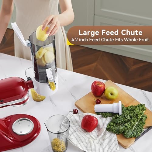 KITCHTREE Masticating Juicer Attachment for KitchenAid Stand Mixer, 4.2" Large Feed Chute Fit Whole Vegetables & Fruits, Slow Cold Press Juicing, Includes 2 * 28oz capacity cups