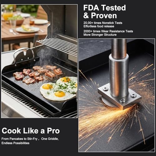 Uniflasy 17 x 13 in Cast Iron Griddle for Gas Grill, Nano Ceramic Nonstick Flat Top Grill Plate with 5-Piece Tool Kit, Grease Groove, High Sidewalls, Handles, for Charcoal, Stove Top, Camping