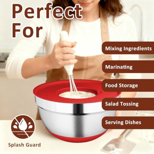 9 Pack Mixing Bowls with Airtight Lids & Grater Attachments, Red
