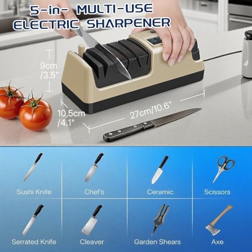 5-in-1 Electric Knife Sharpener for Kitchen Knives, Scissor Sharpener with 3-Speed & 100% Diamond Abrasives -Quickly Sharpening for Straight, Serrated, Cleaver Knives, Kitchen Gifts for Mom