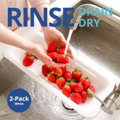 Blue Ginkgo Over Sink Colander, Extendable Kitchen Strainer, 2-Pack, White