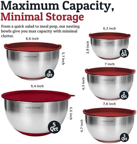28pc Stainless Steel Mixing Bowls with Lids Set, 1.5-5 Qt, Red