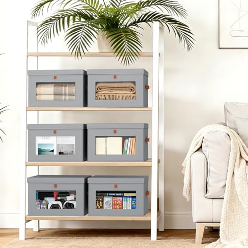 DIMJ Storage Bins with Lids - 6 Pack Fabric Closet Organizer with Window & Handles, Collapsible Decorative Storage Boxes for Shelves Under Bed, Books Clothes Blankets Sweaters Organization