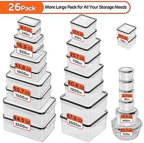 52 PCS Food Storage Container with Lid Airtight (26 Lids & 26 Containers)