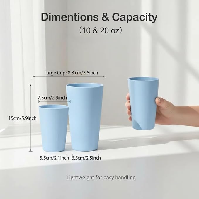 12 Pack Premium Wheat Straw Cups, 6 Pcs 20 oz & 6 Pcs 10 oz Unbreakable Drinking Cups, Alternative to Plastic Cups Sets, Reusable Water Glasses Tumbler, Microwave & Dishwasher Safe, Bpa Free, 6 Colors