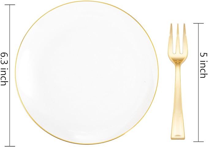 Festiva 200Pcs Gold Dessert Plates 6.3" with Forks 5"- Small Disposable Dessert/Cake/Appetizer Plates Plates- serve 100 guests include 100Plates 100Forks for Wedding &Birthday Party & Easter
