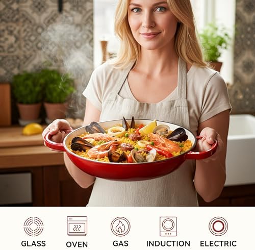 3 Quart Enameled Cast Iron Braiser, Non Stick Enameled Cast Iron Skillet with Lid, Dutch Oven Skillet with lid up to 500°F for Oven, Stove, Grill, Shallow Dutch Oven for Cook, Bake (Red)