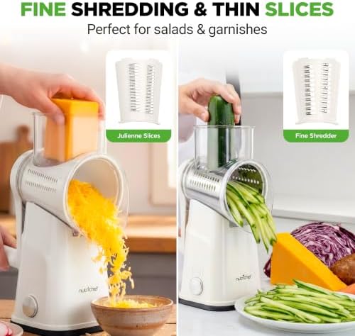 NutriChef 5 in 1 Cheese Grater & Shredder | 5 Different Blades for Thin, Thick, Julienne Strips, Wavy, & Straight Strips | Includes Hand Crank, Strong Suction Base & Storage Container | White