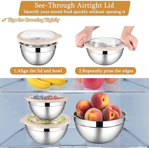 LIANYU Mixing Bowls with Visible Lids, 3Pcs Stainless Steel Kitchen Bowl