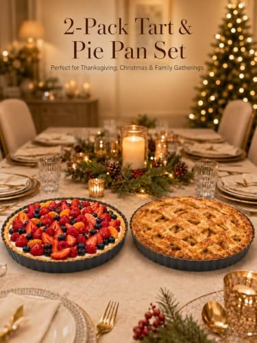 9 Inch Quiche Pans 2 Pack. Removable Bottom, Non-Stick Coating, Rugged Carbon Steel Baking Dish for Tart Quiche Pie. Metal Mold Gift for Women Wife Christmas Thanksgiving Party Festival Family