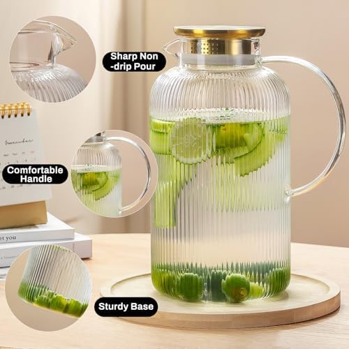 Buaic Glass Pitcher with Lid, 100 oz/ 3L Glass Water Pitcher