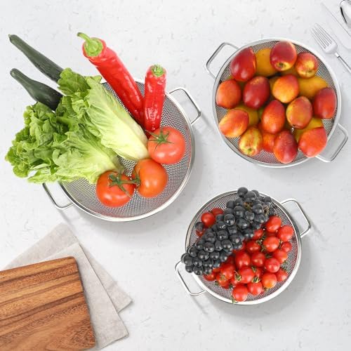 3PCS Colander for Kitchen, 3QT & 4QT & 5QT, Stainless Steel Colander Strainer with Handle for Fruits Vegetables Cooking Food, Dishwasher Safe