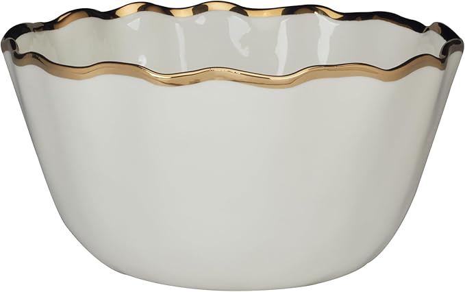 Regency Gold Porcelain Deep Bowl with Scalloped Edges & Metallic Gold Rim, 10.25x5.5in 144 oz, Elegant Serving Bowl for Salads, Pasta, Side Dishes, Durable Dinnerware for Holiday Gatherings & Everyday