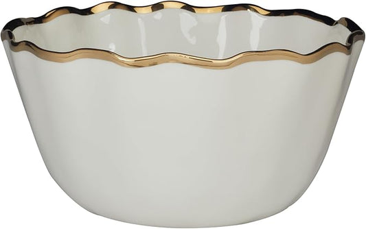 Regency Gold Porcelain Deep Bowl with Scalloped Edges & Metallic Gold Rim, 10.25x5.5in 144 oz, Elegant Serving Bowl for Salads, Pasta, Side Dishes, Durable Dinnerware for Holiday Gatherings & Everyday