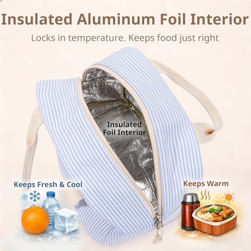 LOVELYWIND Lunch Box for Women, Insulated Lunch Bag, Blue Stripe Tote