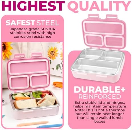 kinsho Stainless Steel Bento Box Lunch Container for Kids Adults, Pink