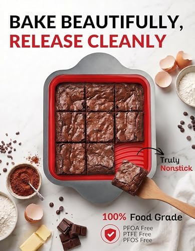Boxiki Kitchen Silicone Baking Pans Set. 3 PCS Professional Non-Stick Baking Cake Pans Set includes Silicone Round Cake Pan, Square Cake Pan and Bread Loaf Pan.