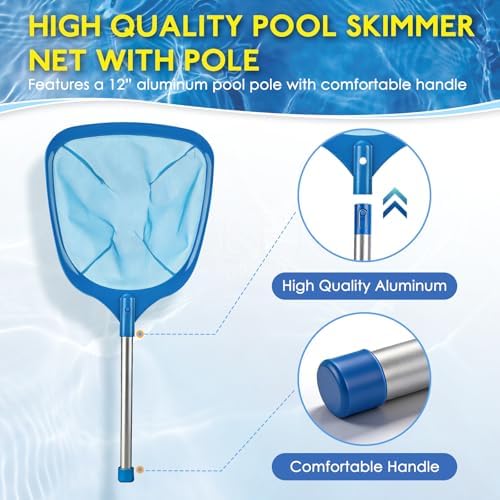FEED GARDEN Hot Tub Pool Skimmer Spa Net with 12'' Aluminum Pole 11" x25" Blue Mesh, 6-Inch Deep for Small Above Ground Pools Pick Up Fine Debris Lightweight Leaf Net