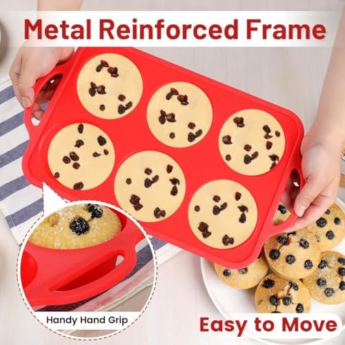CAKETIME Large Muffin Pan Jumbo, Metal Reinforced Frame 3.5 Inch Large Silicone Cupcake Pan 6 Cup Jumbo Muffin Tin for Baking Easy to Handle