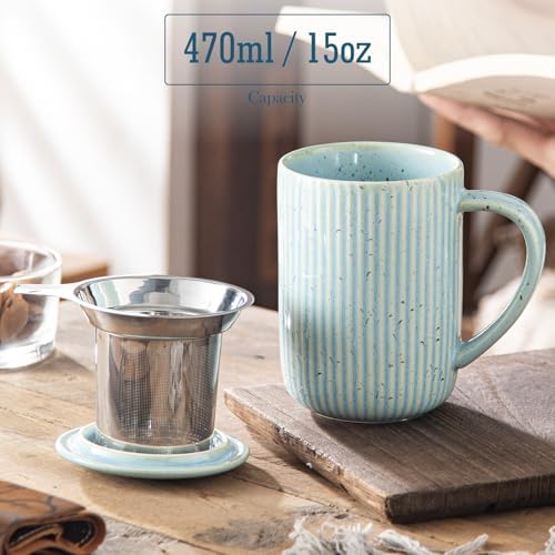 Yundu 15.5oz/470ml Flambe Blue Ceramics Teacups with Infuser and Lid, Loose Leaf Tea Cup