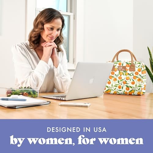 Fit & Fresh Bloomington Lunch Bag for Women - Insulated Large Lunch Box for Work with Containers, Leak-Resistant, Stain-Resistant, Zipper Closure, Orange Blossoms