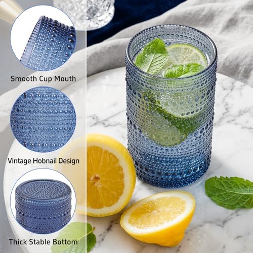 Hobnail Drinking Glasses Set of 12 Kitchen Glass Cups Glassware, Blue