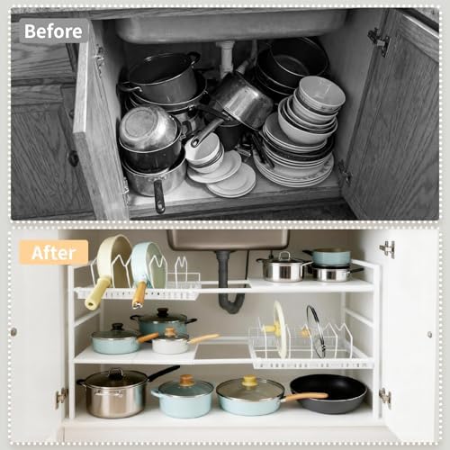 Pots and Pans Organizer Under Cabinet, Expandable Pots Organizers Inside Cabinet, Adjustable Height Under Sink Shelf 2 Tier with 10 Dividers Under Cabinet Shelf, Pot and Pan Lid Holder Rack (White)