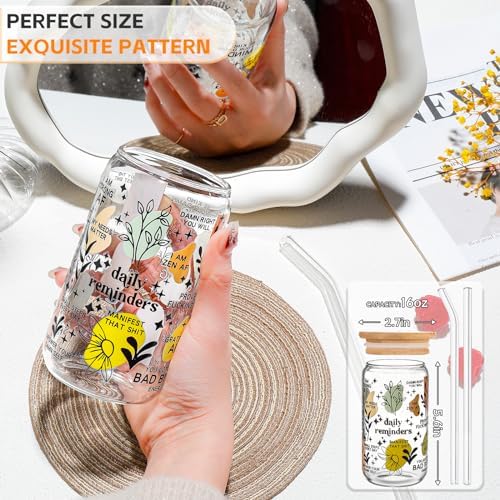DWTS DANWEITESI Glass Cups with Lids and Straws with Design 4 pcs（Daily Reminder）,Clear Glass Cups 16 oz-Glass Tumbler,Cute Design Glass Iced Coffee Cups Mental Health Positive 480ml