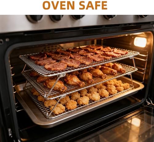 4PCS Sourdough Bread Cooling Rack, Oven Rack for Baking and Cooking Collapsible 12"x 16.5" for Half Sheet, Wire Rack Stackable Stainless Steel Rack for Cookie, Cake, Bacon and Jerky