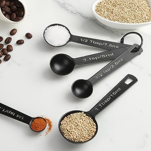 Stainless Steel Measuring Spoons Set of 5, Metal Measuring Cups for Liquid/Food/Kitchen/Baking (Black)
