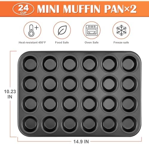 E-far 24-Cup Mini Muffin Pan, 2-Pack Nonstick Carbon Steel Cupcake Pans