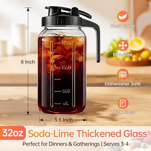 32oz Glass Pitcher with Lid & Spout – 1 Quart Mason Jars, Airtight & Leakproof Breastmilk Pitcher for Cold Brew Coffee, Sun Tea, Water, Juice – Wide Mouth, Fridge Safe