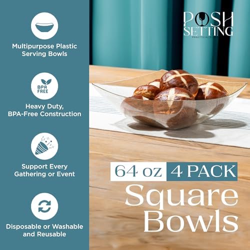 4 Pack Disposable Gold Plastic Serving Bowls Square Party Candy Use 64oz
