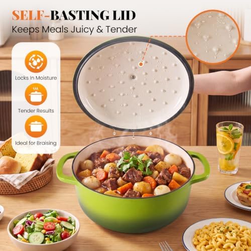 Sweetcrispy 6 Qt Enameled Cast Iron Dutch Oven Pot with Lid, Green