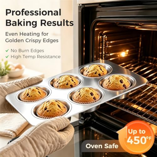 Onader Stainless Steel Muffin Pan, 6 Cup Cupcake Pan for Baking, 2 Pieces